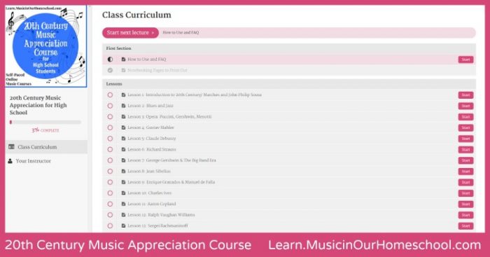 20th Century Music Appreciation Course Lesson List