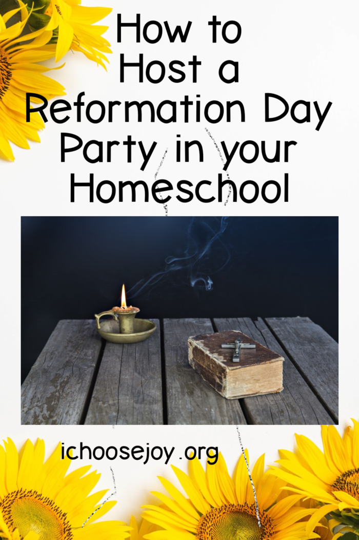 How to Host a Reformation Day Party in your Homeschool. Ideas for Reformation Day studies, a Martin Luther lapbook, games, songs, food, and crafts for your Reformation Celebration in your homeschool or homeschool co-op.