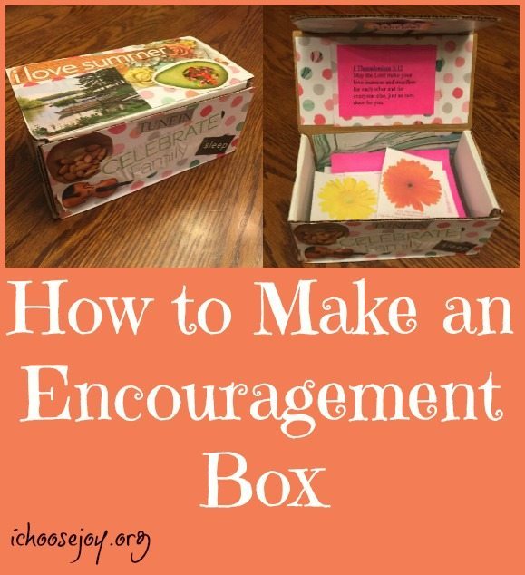 How to Make an Encouragement Box, a craft project we did at our church, but you can do this at home or anywhere! Give the encouragement box to those who are sick, in the hospital, just had a baby, graduates, Mother's Day, etc. Put Bible Verses in the Encouragement Box- post includes a free download of Scripture verses. #bibleverse #scripture #encouragement #ichoosejoyblog