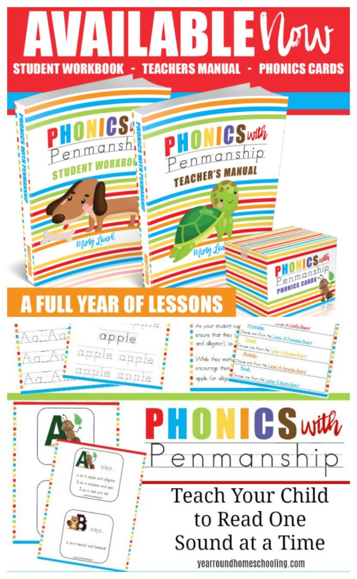Phonics With Penmanship, a full year of lessons in phonics and handwriting for preschool/ kindergarten. #homeschool #homeschoolcurriculum #phonics #learntoread #ichoosejoyblog