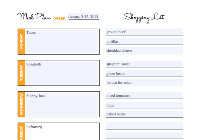 The Organized Homeschool Life Planner editable Meal-Planning page. Use this planner along with The Organized Homeschool Life book and get your homeschool organized in 15-minutes segments at a time. #organizing #organization #homeschoolmom #homeschoolorganization #ichoosejoyblog