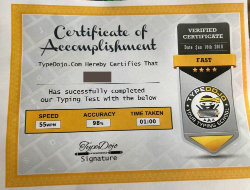 TypeDojo.com Certificate of Accomplishment, a great motivator to help your students increase in typing speed and accuracy. TypeDojo is a free site!