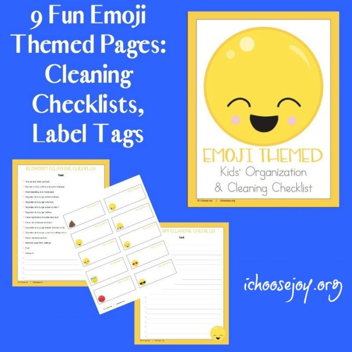 Get the 9-page printable pack of Fun Emoji-themed Chore Pages to guide your kids in cleaning their rooms, etc. Includes checklists and label tags. #chorelist #printables #homeschool #ichoosejoyblog