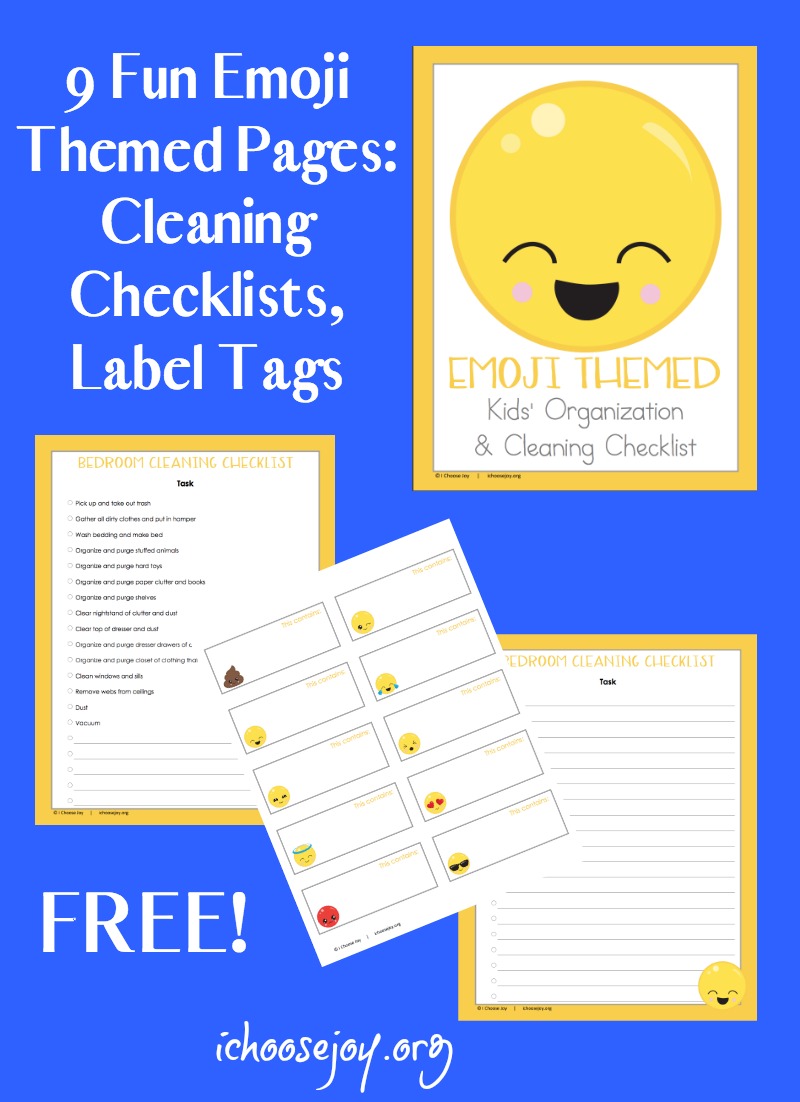 Emoji Themed Cleaning Checklists and Label Tags, 9 pages free for a limited time. From I Choose Joy!