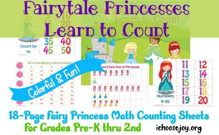 Fairytale Princess Math Counting Sheets little girls love! Math, skip counting, 100 chart, count the princesses. 18 pages. #ichoosejoyblog #princessmath #math #homeschoolmath #mathprintables