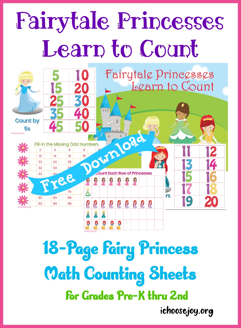 Fairy Princess Math Counting Sheets, 18-page printable pack free download for grades Pre-K thru 2nd