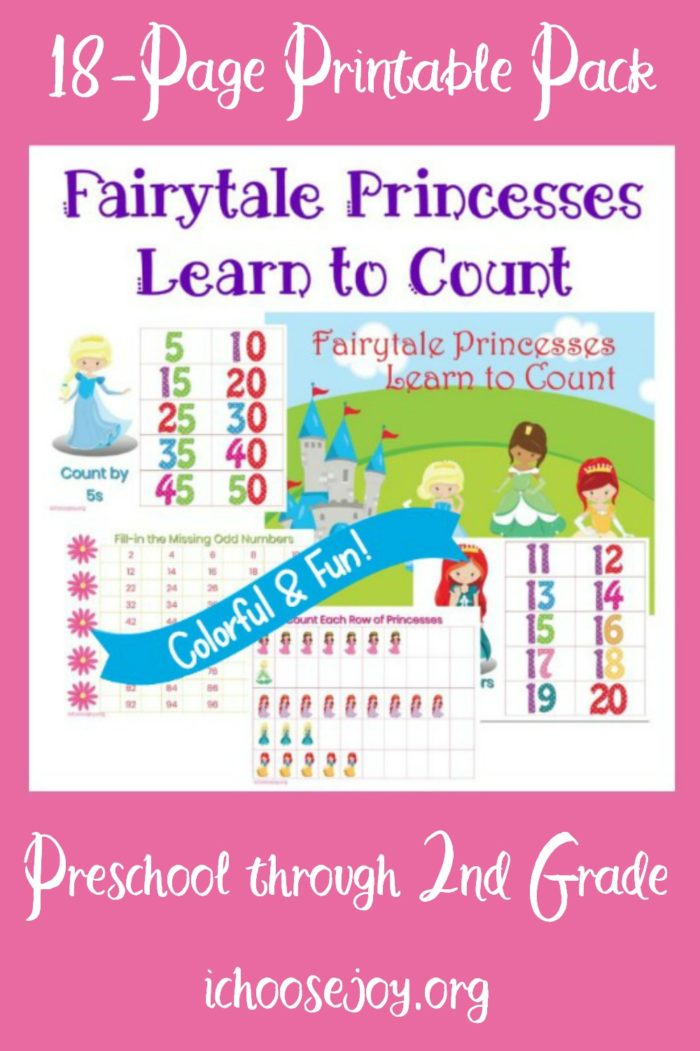 Fairytale Princess Math Counting Sheets little girls love! Math, skip counting, 100 chart, count the princesses. 18 pages. #ichoosejoyblog #princessmath #math #homeschoolmath #mathprintables