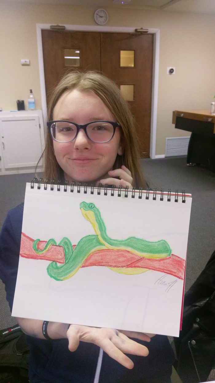 Rainforect creature snake drawing in Homeschool High School Art Class