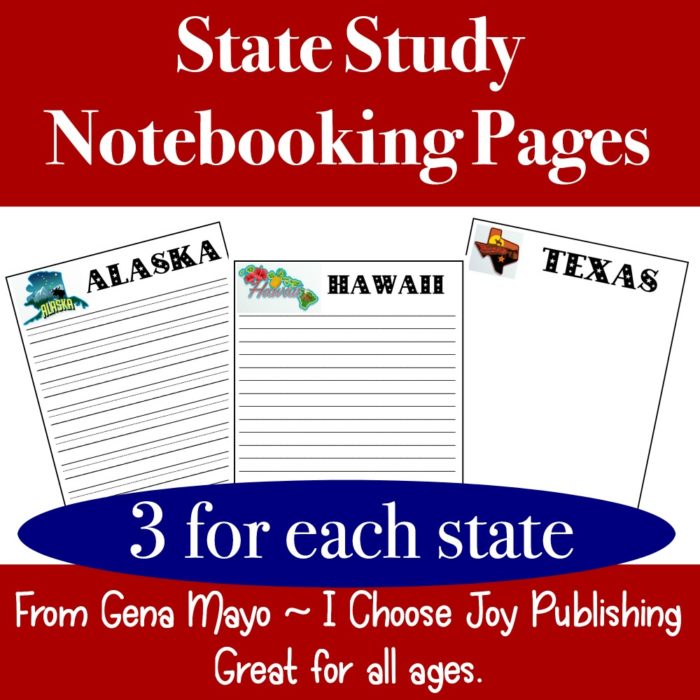 U.S. State Study Notebooking Pages , 150 pages, 3 for each state. #statestudy #geography #ichoosejoyblog #homeschool