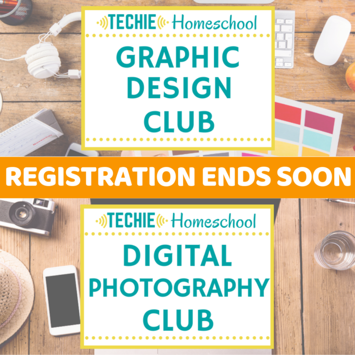 Techie Homeschool online clubs for kids: Photography Club and Graphic Design club. Join one of both of these clubs and have your kids explore and learn these skills with other homeschoolers in a safe online environment.