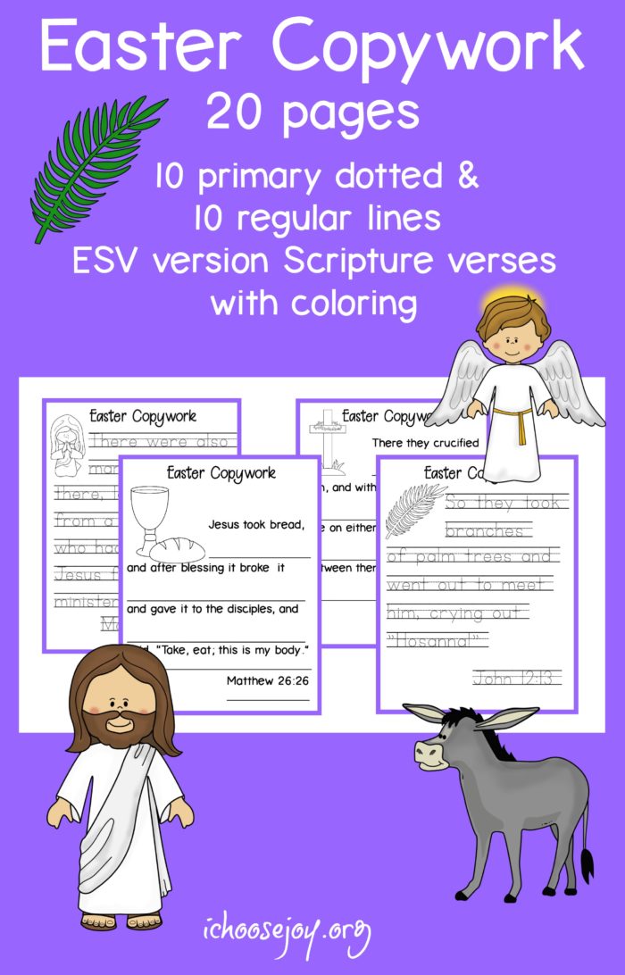 20 pages of Easter copywork, Scripture in ESV version. 10 pages primary dotted letters and 10 pages regular lines. #easter #copywork #scripture #scripturecopywork #homeschool
