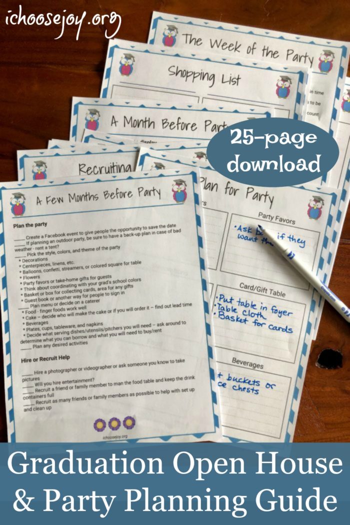 25-page printable pack to guide you through all your graduation party planning details. #graduation #graduationparty #partyplanning #partyguide #ichoosejoyblog