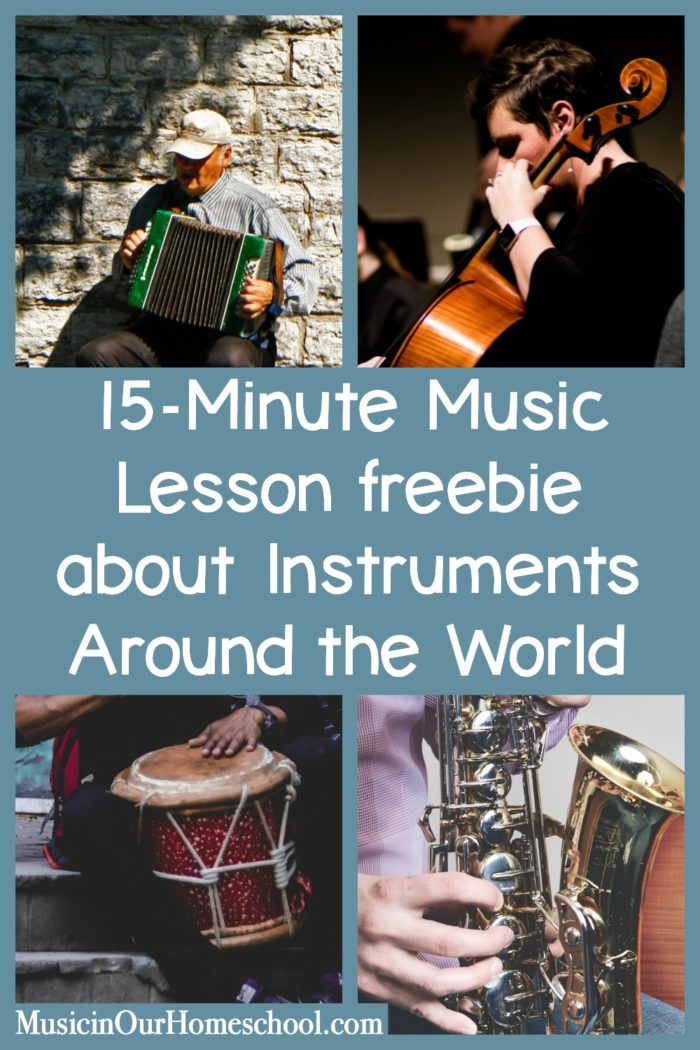 15-Minute Music Lesson freebie with Musical Instruments Around the World Notebooking Journal. Get it for free through March 31. 100 different instruments! #musicprintables #musiclessonsforkids #elementarymusic #musicinourhomeschool