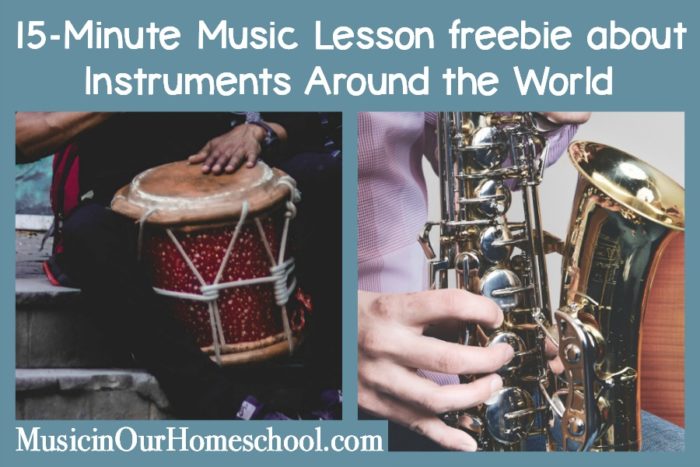 15-Minute Music Lesson freebie with Musical Instruments Around the World Notebooking Journal. Get it for free through March 31. 100 different instruments! #musicprintables #musiclessonsforkids #elementarymusic #musicinourhomeschool