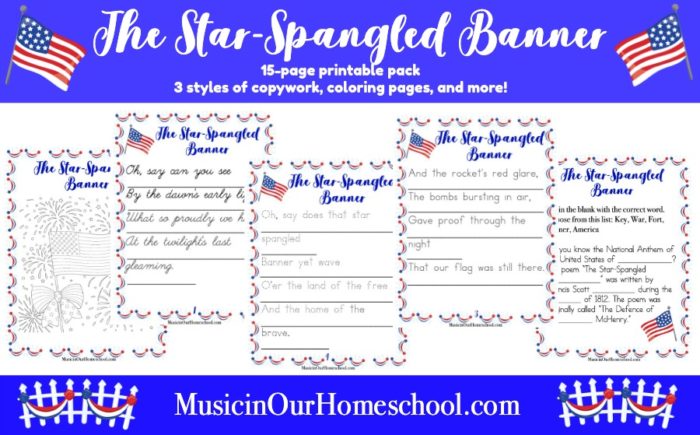 Use this printable pack when teaching America's National Anthem to your students. There are 15 pages in all. Find copywork in three styles (regular, dotted, and cursive) of the lyrics of the first verse, two coloring pages, and a fill-in-the-blank sheet. #patrioticmusiclesson #starspangledbanner #elementarymusic #musicinourhomeschool