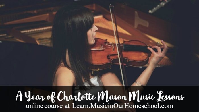 A Year of Charlotte Mason Music Lessons online course is the easy way to do music in your homeschool, with everything you'd expect to see from a Charlotte Mason inspired course: Composer Study, Folk Song Study, Hymn Study, Short Lessons, Copywork, and Living Books! #charlottemason #charlottemasonmusic #homeschoolmusic #musicinourhomeschool