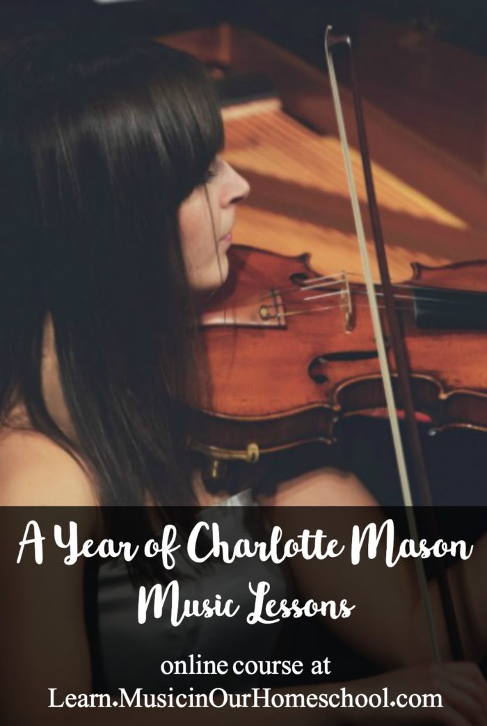 A Year of Charlotte Mason Music Lessons online course is the easy way to do music in your homeschool, with everything you'd expect to see from a Charlotte Mason inspired course: Composer Study, Folk Song Study, Hymn Study, Short Lessons, Copywork, and Living Books! #charlottemason #charlottemasonmusic #homeschoolmusic #musicinourhomeschool