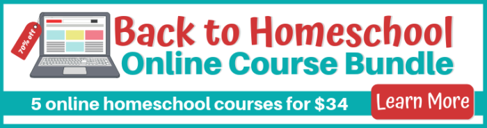 Back to Homeschool Online Course Bundle on sale August 15-24, 2019. Get 5 amazing courses for your homeschool, elementary and middle school levels. 70% off!