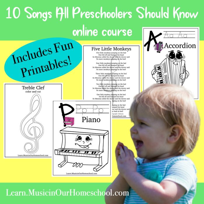 10 Songs All Preschoolers Should Know is the perfect online course to bring some music into your homeschool or preschool! #homeschoolmusic #preschoolmusic #musicinourhomeschool