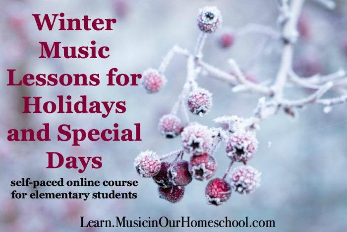 Winter Music Lessons for Holidays and Special Days is an online course to do with your elementary kids during the winter season with fun lessons for Christmas, New Year's, Chinese New Year, Groundhog Day, Valentine's Day, and more!