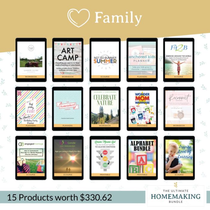 Family, Kids, and Homeschooling resources in the Ultimate Homemaking Bundle 2020