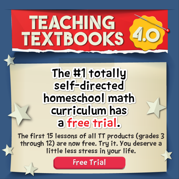 Teaching Textbooks Self Directed Learning Free Trial for homeschool math grades 3rd - 12th.