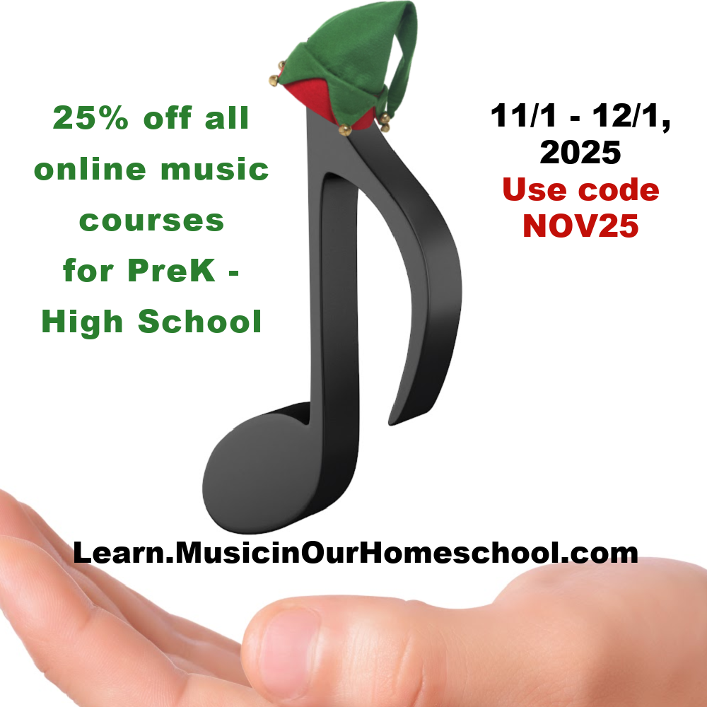 The Black Friday/Cyber Monday 25% off sale coupon code will actually be active November 1 - December 1 (Cyber Monday), so you can choose to promote when it works best for you. The code is NOV25 and is good for 25% off everything, except the membership. Learn.MusicinOurHomschool.com